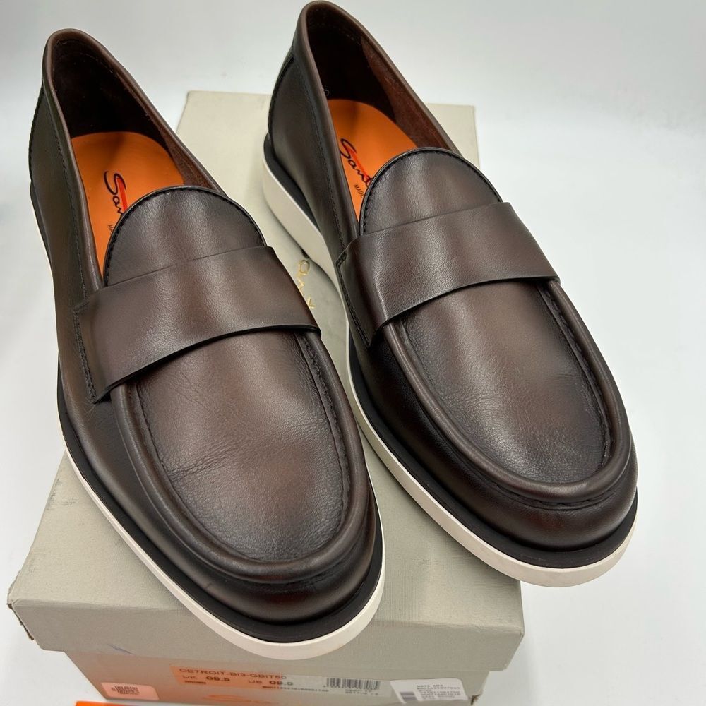Santoni Brown Leather Slip-On Loafers